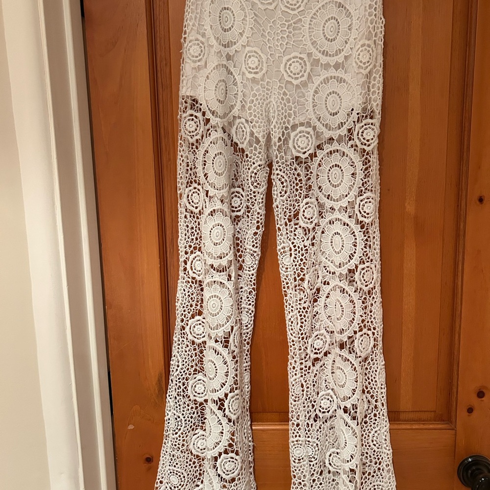 bebe White Lace Flare Pants